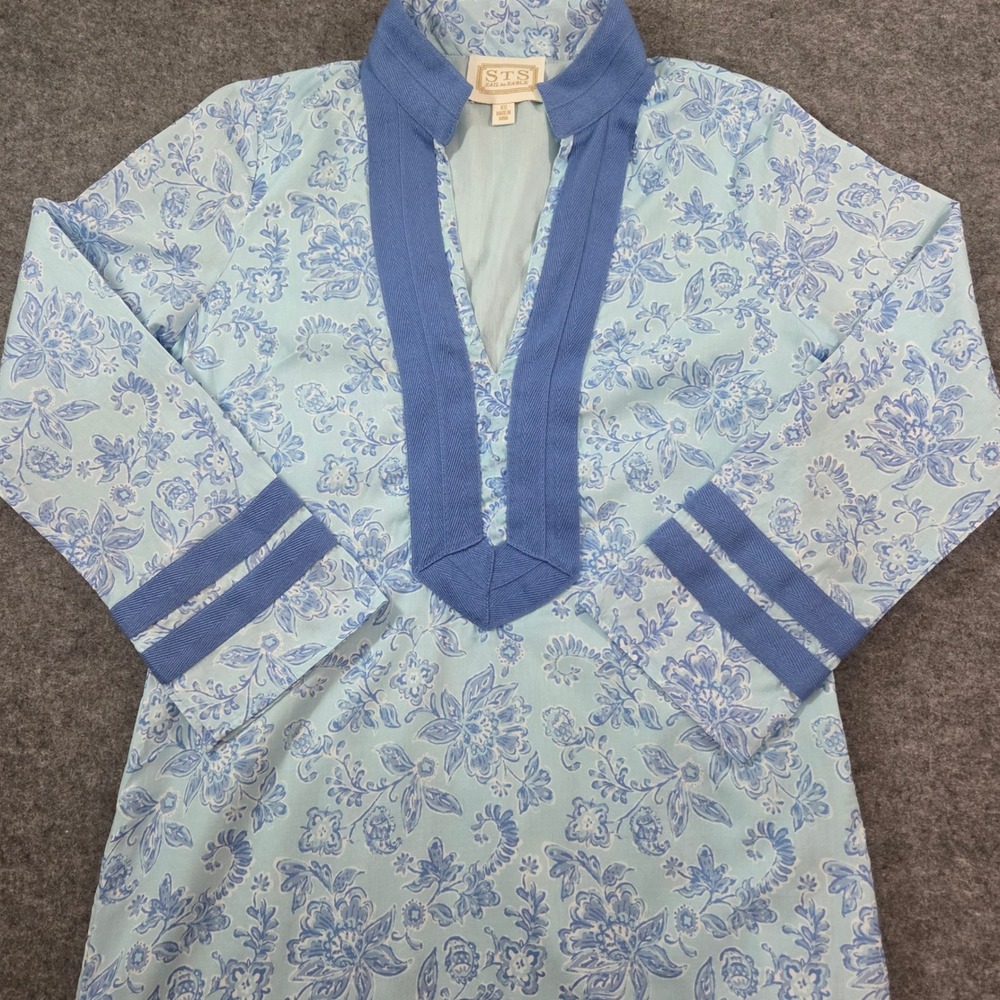 Sail to Sable STS Caftan Dress XS Blue Floral Cotton Maxi Resort Coastal
